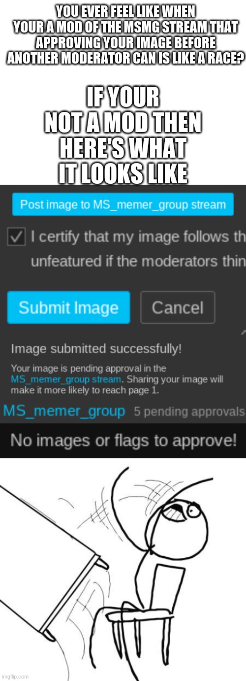 Mods, I need you all to agree with me on this. Im probably not even gonna get to approve this image cause someone else will beat | IF YOUR NOT A MOD THEN HERE'S WHAT IT LOOKS LIKE; YOU EVER FEEL LIKE WHEN YOUR A MOD OF THE MSMG STREAM THAT APPROVING YOUR IMAGE BEFORE ANOTHER MODERATOR CAN IS LIKE A RACE? | image tagged in blank white template,memes,table flip guy | made w/ Imgflip meme maker
