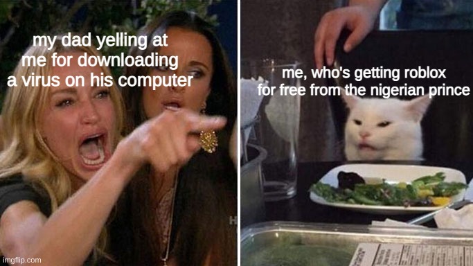 Bobux | my dad yelling at me for downloading a virus on his computer; me, who's getting roblox for free from the nigerian prince | image tagged in angry lady cat | made w/ Imgflip meme maker