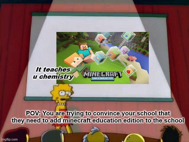 Over 7K schools use it | It teaches u chemistry; POV: You are trying to convince your school that they need to add minecraft education edition to the school | image tagged in lisa simpson's presentation | made w/ Imgflip meme maker