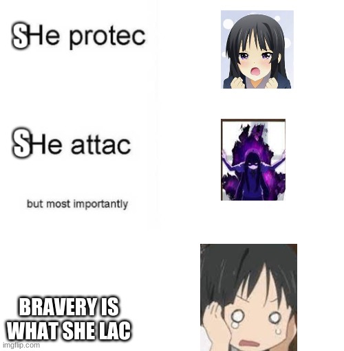 She protec she attac but most importantly | BRAVERY IS WHAT SHE LAC | image tagged in she protec she attac but most importantly | made w/ Imgflip meme maker