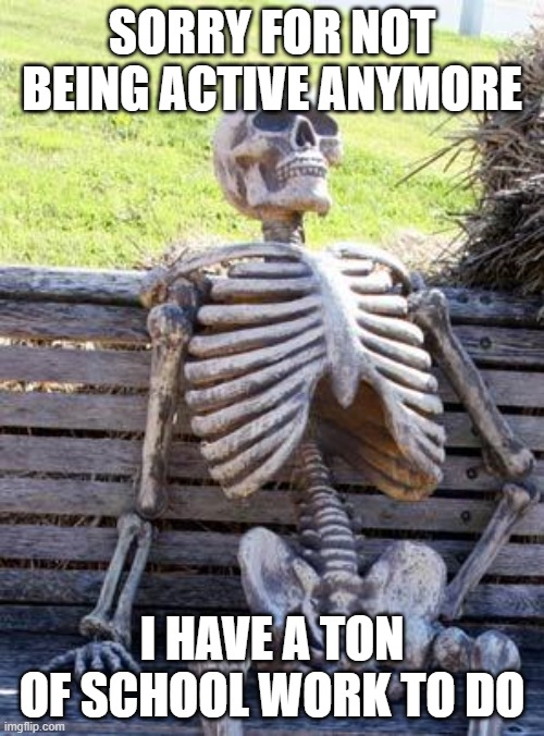 Waiting Skeleton Meme | SORRY FOR NOT BEING ACTIVE ANYMORE; I HAVE A TON OF SCHOOL WORK TO DO | image tagged in memes,waiting skeleton,tik tok sucks,tiktok sucks | made w/ Imgflip meme maker