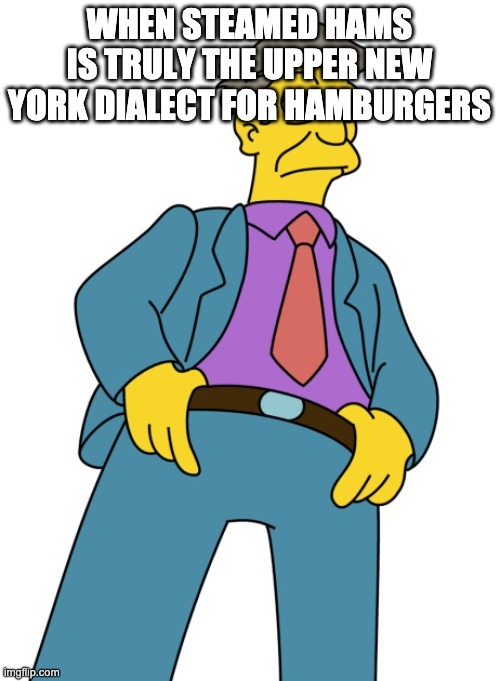 Seymour Skinner | WHEN STEAMED HAMS IS TRULY THE UPPER NEW YORK DIALECT FOR HAMBURGERS | image tagged in seymour skinner | made w/ Imgflip meme maker