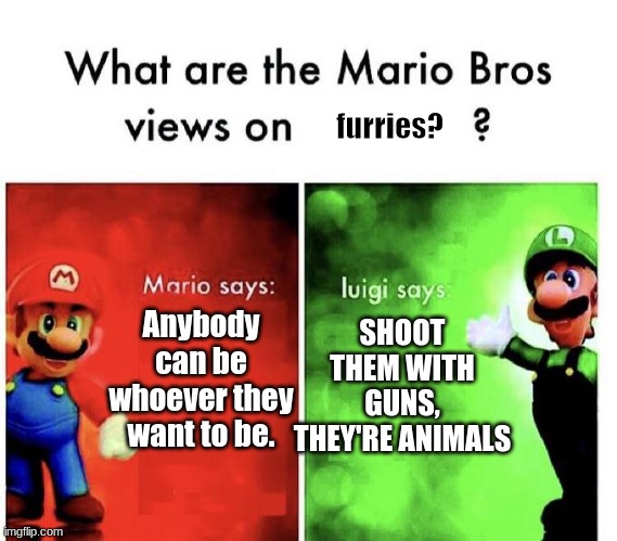 what are the mario bros views on..... | furries? SHOOT THEM WITH GUNS, THEY'RE ANIMALS; Anybody can be whoever they want to be. | image tagged in mario bros views | made w/ Imgflip meme maker