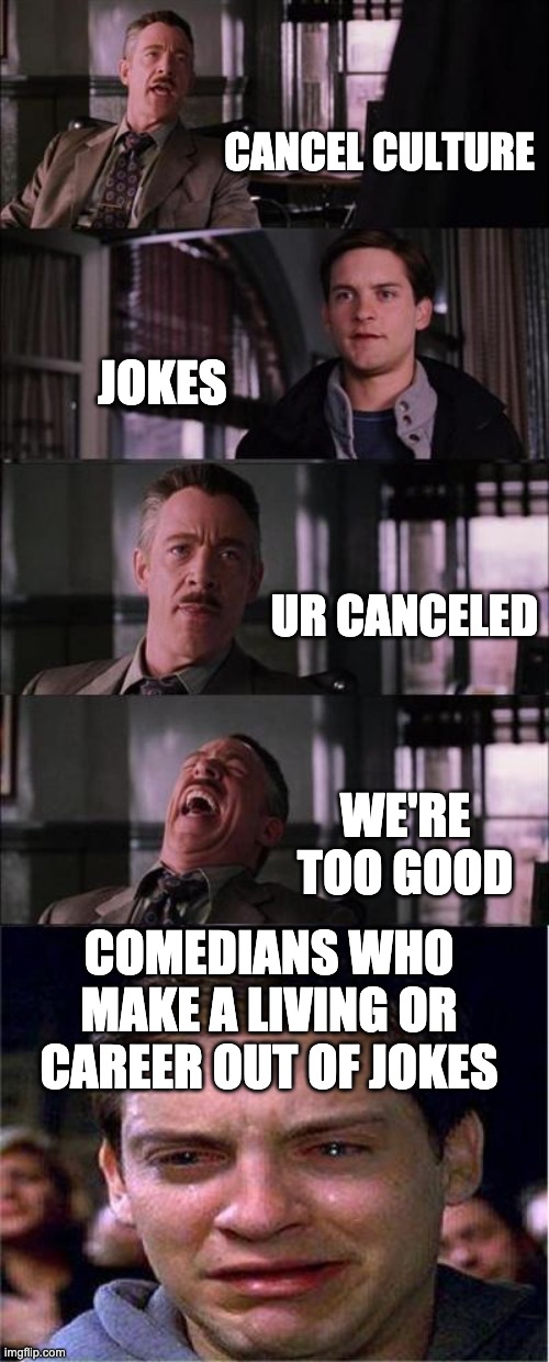 the truth | CANCEL CULTURE; JOKES; UR CANCELED; WE'RE TOO GOOD; COMEDIANS WHO MAKE A LIVING OR CAREER OUT OF JOKES | image tagged in memes,peter parker cry | made w/ Imgflip meme maker