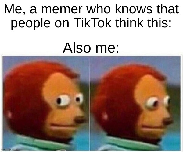 Monkey Puppet Meme | Me, a memer who knows that people on TikTok think this: Also me: | image tagged in memes,monkey puppet | made w/ Imgflip meme maker