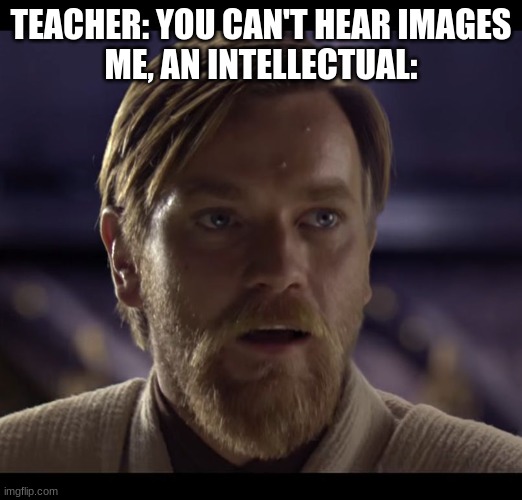 Hello there | TEACHER: YOU CAN'T HEAR IMAGES
ME, AN INTELLECTUAL: | image tagged in hello there | made w/ Imgflip meme maker