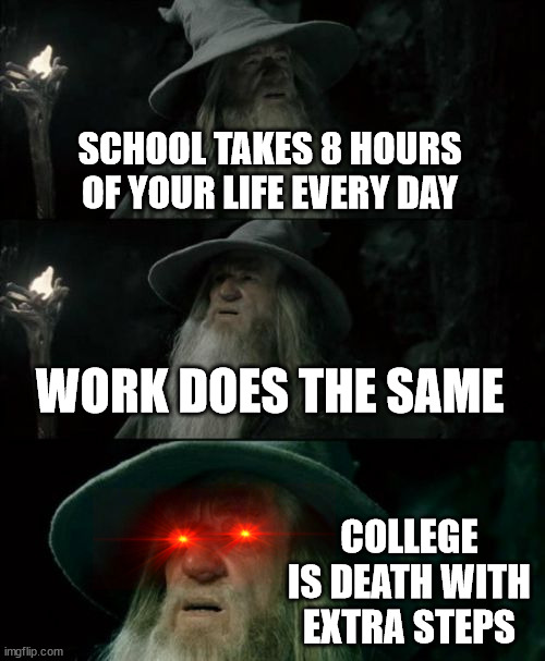 Confused Gandalf Meme | SCHOOL TAKES 8 HOURS OF YOUR LIFE EVERY DAY WORK DOES THE SAME COLLEGE IS DEATH WITH EXTRA STEPS | image tagged in memes,confused gandalf | made w/ Imgflip meme maker