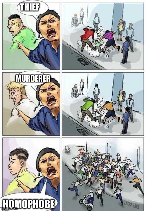 ATTACK | THIEF; MURDERER; HOMOPHOBE | image tagged in thief murderer | made w/ Imgflip meme maker