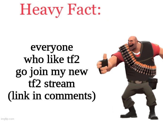 join plz | everyone who like tf2 go join my new tf2 stream (link in comments) | image tagged in heavy fact | made w/ Imgflip meme maker