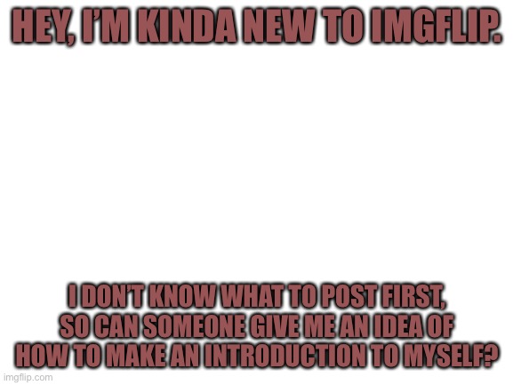 Blank White Template | HEY, I’M KINDA NEW TO IMGFLIP. I DON’T KNOW WHAT TO POST FIRST, SO CAN SOMEONE GIVE ME AN IDEA OF HOW TO MAKE AN INTRODUCTION TO MYSELF? | image tagged in blank white template | made w/ Imgflip meme maker
