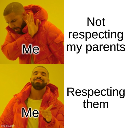 Drake Hotline Bling Meme | Not respecting my parents Respecting them Me Me | image tagged in memes,drake hotline bling | made w/ Imgflip meme maker