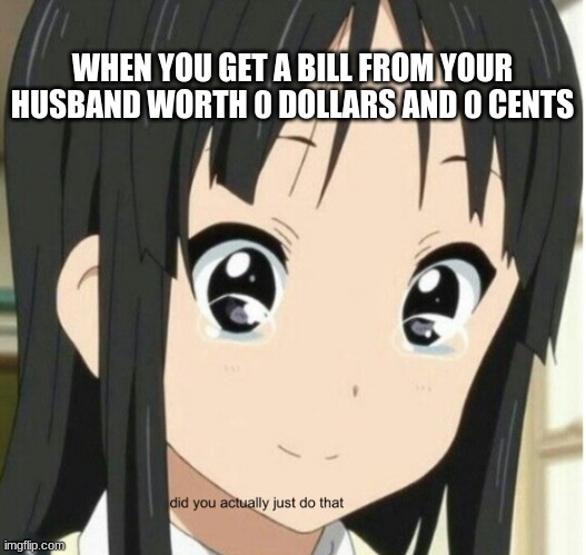 did you actually just do that | WHEN YOU GET A BILL FROM YOUR HUSBAND WORTH 0 DOLLARS AND 0 CENTS | image tagged in did you actually just do that | made w/ Imgflip meme maker