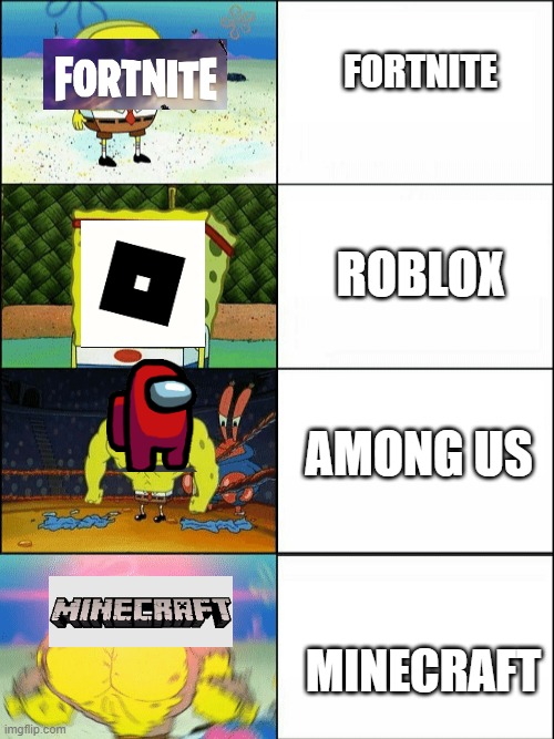 Best Games | FORTNITE; ROBLOX; AMONG US; MINECRAFT | image tagged in increasingly buff spongebob | made w/ Imgflip meme maker