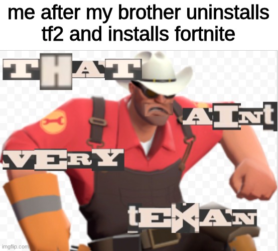 that there aint very texan of you, pardner | me after my brother uninstalls tf2 and installs fortnite | image tagged in that aint very texan | made w/ Imgflip meme maker