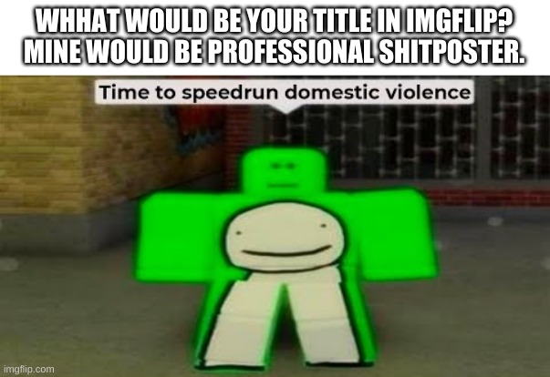 bored. | WHHAT WOULD BE YOUR TITLE IN IMGFLIP? MINE WOULD BE PROFESSIONAL SHITPOSTER. | image tagged in time to speedrun domestic violence | made w/ Imgflip meme maker