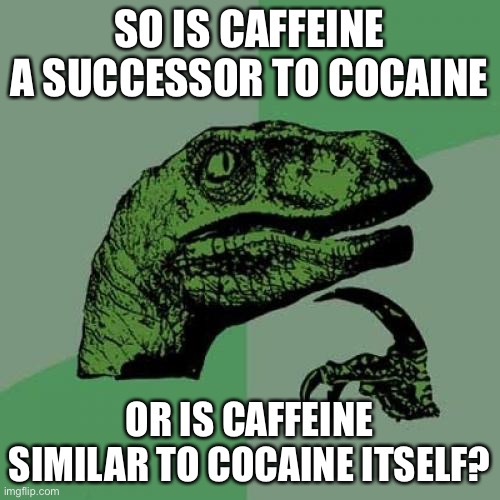 Philosoraptor Meme | SO IS CAFFEINE A SUCCESSOR TO COCAINE OR IS CAFFEINE SIMILAR TO COCAINE ITSELF? | image tagged in memes,philosoraptor | made w/ Imgflip meme maker