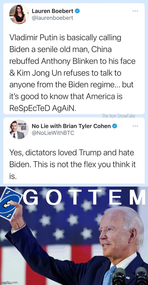 [Boebert selectively omits how much our traditional democratic allies LOVE Biden] | image tagged in lauren boebert troll,joe biden gottem reverse card | made w/ Imgflip meme maker