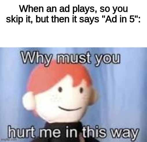Man I hate this | When an ad plays, so you skip it, but then it says "Ad in 5": | image tagged in why must you hurt me in this way | made w/ Imgflip meme maker
