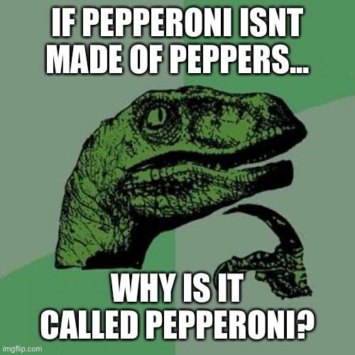 Pepperoni | IF PEPPERONI ISNT MADE OF PEPPERS... WHY IS IT CALLED PEPPERONI? | image tagged in memes,philosoraptor | made w/ Imgflip meme maker