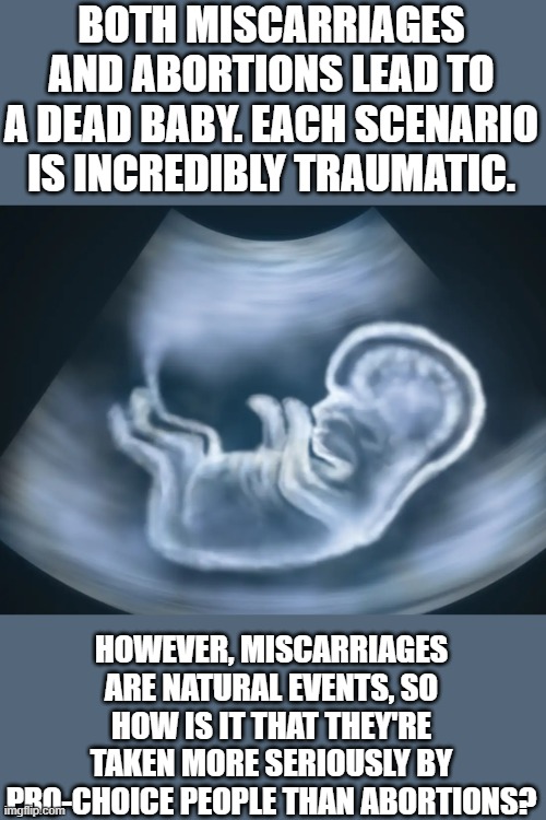 It's a similar difference between someone dying and someone being murdered. | BOTH MISCARRIAGES AND ABORTIONS LEAD TO A DEAD BABY. EACH SCENARIO IS INCREDIBLY TRAUMATIC. HOWEVER, MISCARRIAGES ARE NATURAL EVENTS, SO HOW IS IT THAT THEY'RE TAKEN MORE SERIOUSLY BY PRO-CHOICE PEOPLE THAN ABORTIONS? | image tagged in ultrasound | made w/ Imgflip meme maker