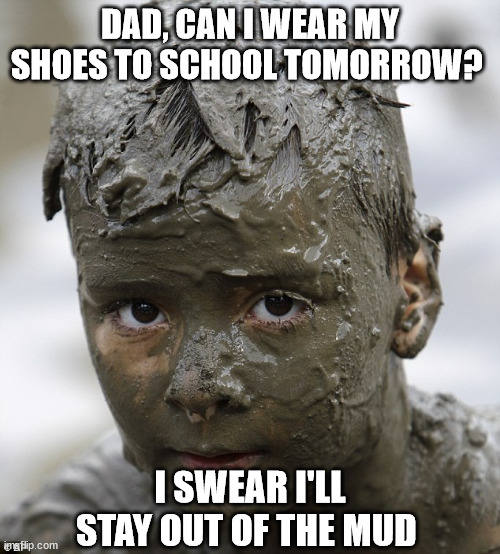 School | DAD, CAN I WEAR MY SHOES TO SCHOOL TOMORROW? I SWEAR I'LL STAY OUT OF THE MUD | image tagged in school,mud,kids,dad | made w/ Imgflip meme maker