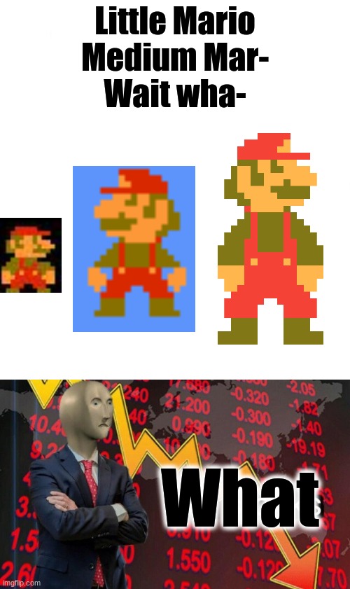 What is it with Mario here | Little Mario
Medium Mar-
Wait wha-; What | image tagged in just white,not stonks,mario,glitch,what,misunderstanding | made w/ Imgflip meme maker