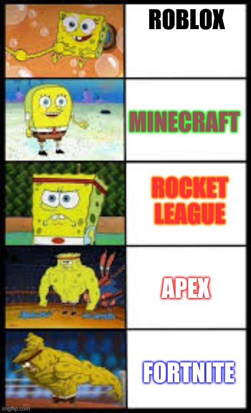 Games in levels | ROBLOX; MINECRAFT; ROCKET LEAGUE; APEX; FORTNITE | image tagged in games | made w/ Imgflip meme maker