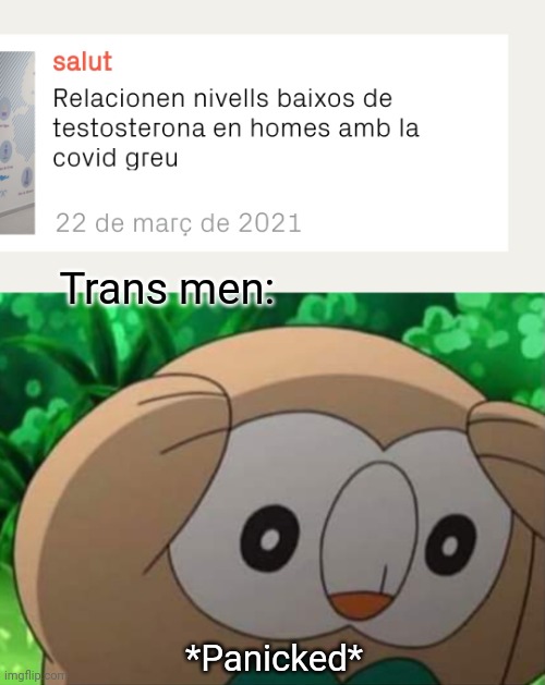 Y'all know it's just a meme | Trans men:; *Panicked* | image tagged in panicked rowlet,trans,gender | made w/ Imgflip meme maker