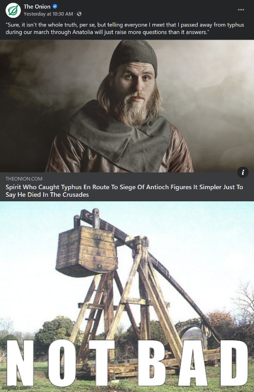 It just makes for an easier explanation | image tagged in died in the crusades,trebuchet not bad | made w/ Imgflip meme maker