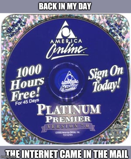 Aol free trial cd | BACK IN MY DAY; THE INTERNET CAME IN THE MAIL | image tagged in aol free trial cd | made w/ Imgflip meme maker