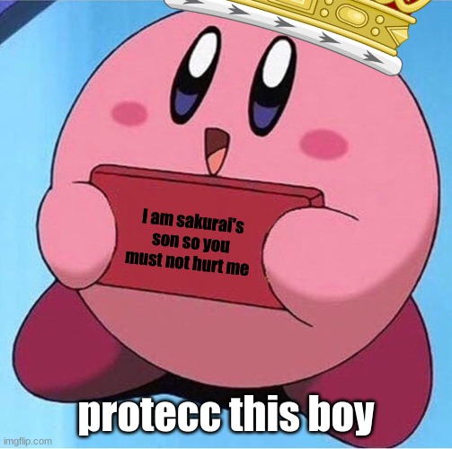 Protect this boy at all costs | I am sakurai's son so you must not hurt me; protecc this boy | image tagged in kirby holding a sign,kirby,sakurai,memes,he protecc | made w/ Imgflip meme maker