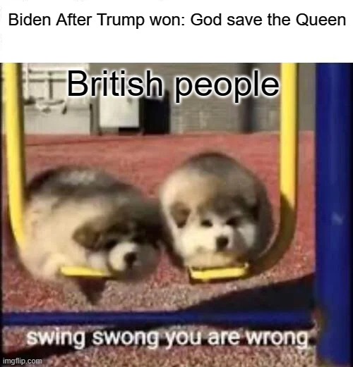 Wrong country Biden, and America does not have a queen | Biden After Trump won: God save the Queen; British people | image tagged in swing swong you are wrong,biden | made w/ Imgflip meme maker