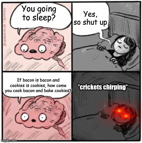 why do our brains factor these thoughts at this hour -_- | Yes, so shut up; You going to sleep? If bacon is bacon and cookies is cookies, how come you cook bacon and bake cookies? *crickets chirping* | image tagged in brain before sleep,deep thoughts,food | made w/ Imgflip meme maker