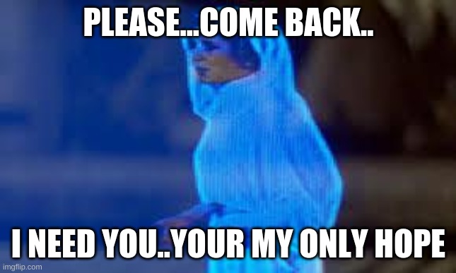 princess leia only hope | PLEASE...COME BACK.. I NEED YOU..YOUR MY ONLY HOPE | image tagged in princess leia only hope | made w/ Imgflip meme maker