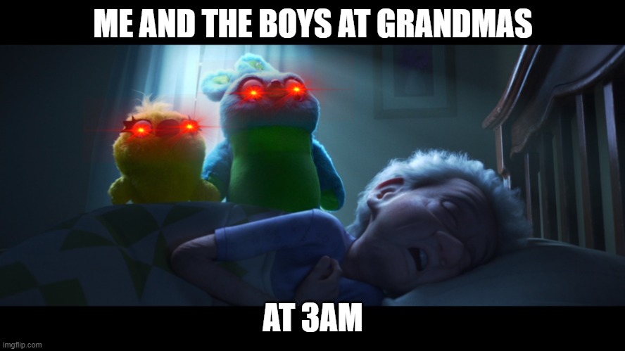 me and the boys | ME AND THE BOYS AT GRANDMAS; AT 3AM | image tagged in ducky and bunny | made w/ Imgflip meme maker
