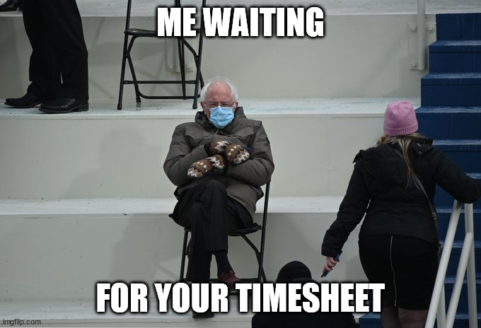 Bernie sitting | ME WAITING; FOR YOUR TIMESHEET | image tagged in bernie sitting | made w/ Imgflip meme maker