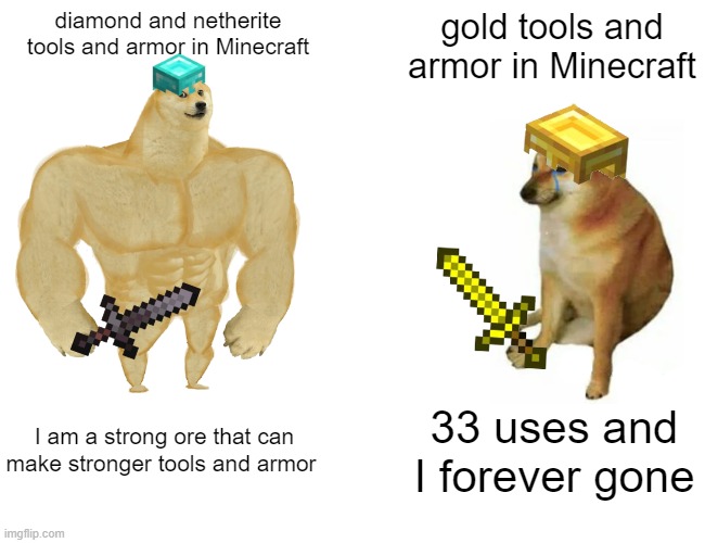 doge | diamond and netherite tools and armor in Minecraft; gold tools and armor in Minecraft; I am a strong ore that can make stronger tools and armor; 33 uses and I forever gone | image tagged in memes,buff doge vs cheems | made w/ Imgflip meme maker