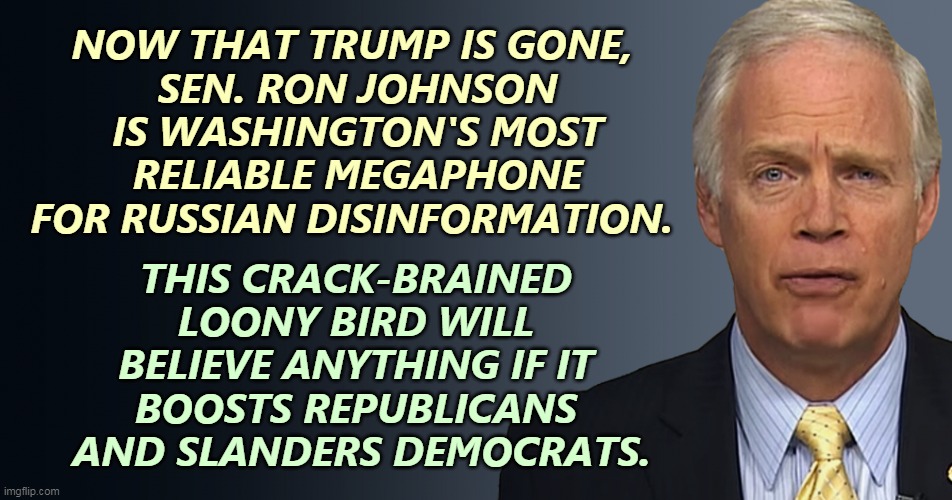 Great, another psycho. | NOW THAT TRUMP IS GONE, 
SEN. RON JOHNSON IS WASHINGTON'S MOST RELIABLE MEGAPHONE FOR RUSSIAN DISINFORMATION. THIS CRACK-BRAINED 
LOONY BIRD WILL 
BELIEVE ANYTHING IF IT 
BOOSTS REPUBLICANS 
AND SLANDERS DEMOCRATS. | image tagged in gop,republican,psycho,tool,russians | made w/ Imgflip meme maker