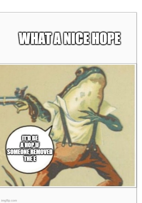 Hippity Hoppity (blank) | WHAT A NICE HOPE; IT'D BE A HOP IF SOMEONE REMOVED
THE E | image tagged in hippity hoppity blank | made w/ Imgflip meme maker