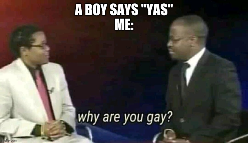 *dies of laughter bc I'm weird* | A BOY SAYS "YAS"
ME: | image tagged in why are you gay | made w/ Imgflip meme maker