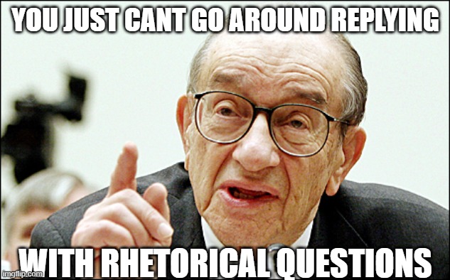 Alan Greenspan Meme | YOU JUST CANT GO AROUND REPLYING WITH RHETORICAL QUESTIONS | image tagged in memes,alan greenspan | made w/ Imgflip meme maker