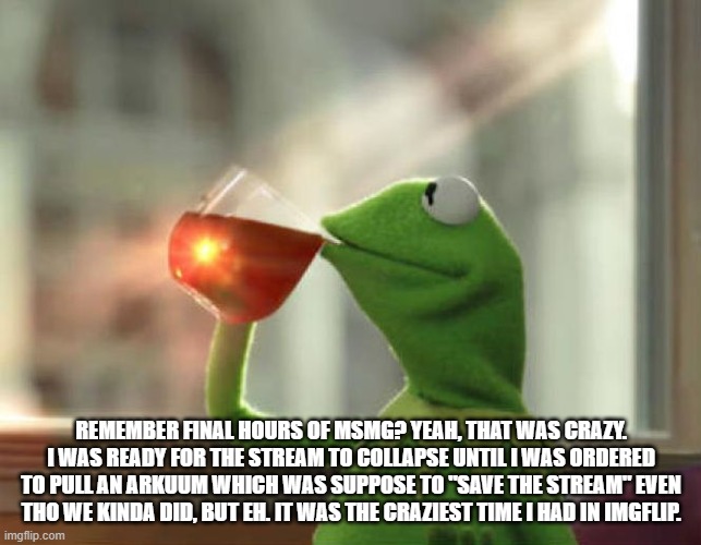 and no one asked | REMEMBER FINAL HOURS OF MSMG? YEAH, THAT WAS CRAZY. I WAS READY FOR THE STREAM TO COLLAPSE UNTIL I WAS ORDERED TO PULL AN ARKUUM WHICH WAS SUPPOSE TO "SAVE THE STREAM" EVEN THO WE KINDA DID, BUT EH. IT WAS THE CRAZIEST TIME I HAD IN IMGFLIP. | image tagged in memes,but that's none of my business neutral | made w/ Imgflip meme maker
