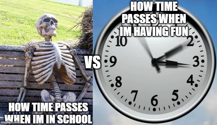 why does time pass fast when im enjoying myself | HOW TIME PASSES WHEN IM HAVING FUN; VS; HOW TIME PASSES WHEN IM IN SCHOOL | image tagged in waiting skeleton,school sucks | made w/ Imgflip meme maker