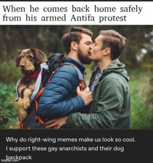 "I support these gay anarchists and their dog backpack" | image tagged in home from antifa protest,antifa,gay,protest,wholesome,repost | made w/ Imgflip meme maker
