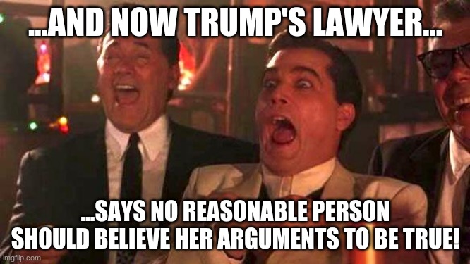 ...Wait...isn't that perjury? | ...AND NOW TRUMP'S LAWYER... ...SAYS NO REASONABLE PERSON SHOULD BELIEVE HER ARGUMENTS TO BE TRUE! | image tagged in goodfellas laughing scene henry hill | made w/ Imgflip meme maker
