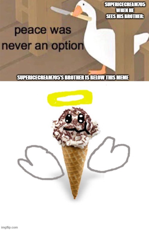 SUPERICECREAM705 WHEN HE SEES HIS BROTHER:; SUPERICECREAM705'S BROTHER IS BELOW THIS MEME | image tagged in untitled goose peace was never an option,supericecream705's brother,memes | made w/ Imgflip meme maker