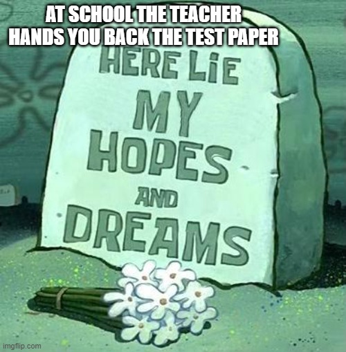 Here Lie My Hopes And Dreams |  AT SCHOOL THE TEACHER HANDS YOU BACK THE TEST PAPER | image tagged in here lie my hopes and dreams | made w/ Imgflip meme maker