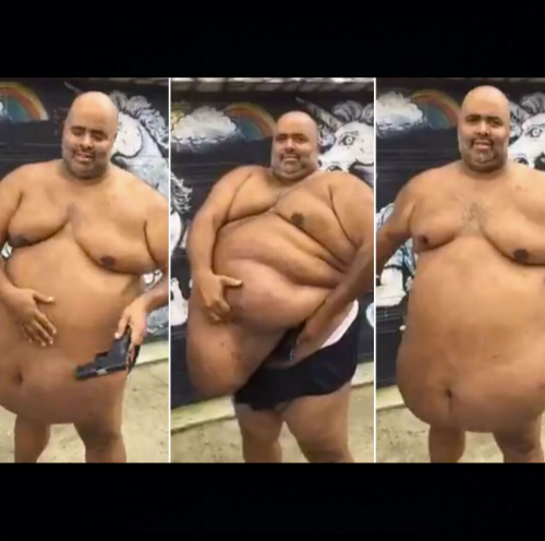 obese fat guy hiding guns under belly black headers Blank Meme Template
