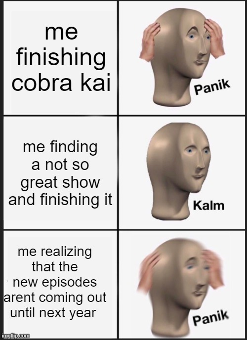 Panik Kalm Panik | me finishing cobra kai; me finding a not so great show and finishing it; me realizing that the new episodes arent coming out until next year | image tagged in memes,panik kalm panik | made w/ Imgflip meme maker