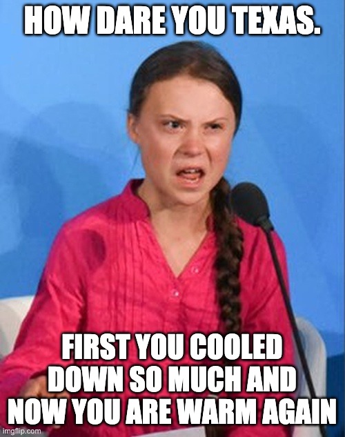 Greta Thunberg how dare you | HOW DARE YOU TEXAS. FIRST YOU COOLED DOWN SO MUCH AND NOW YOU ARE WARM AGAIN | image tagged in greta thunberg how dare you | made w/ Imgflip meme maker